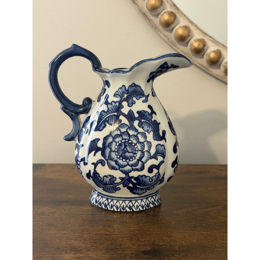The Bombay Company Blue White Porcelain Chinoiserie Floral Pitcher Ewer 9"